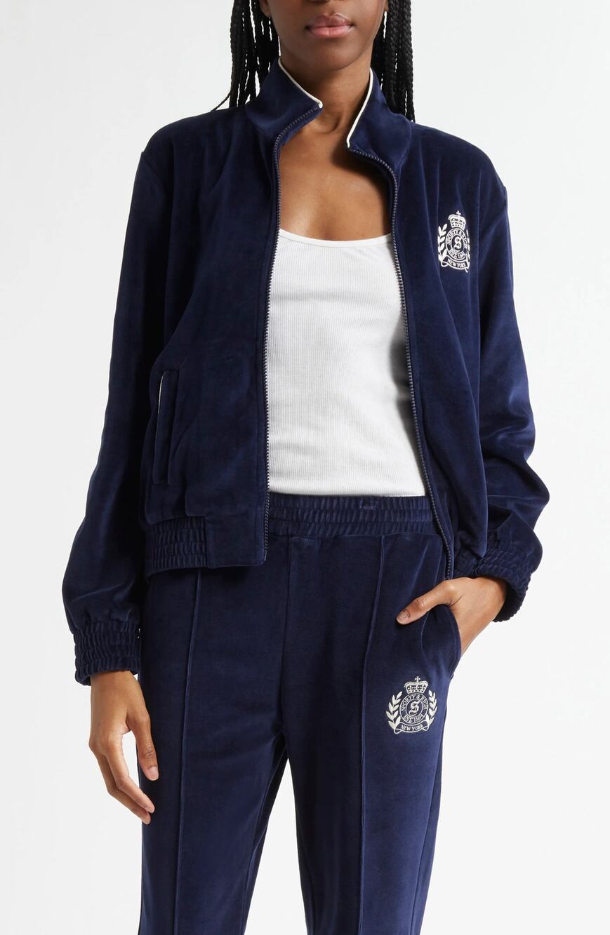 Sporty & Rich Crest Velour Track Jacket Logo Patch Preppy Old Money Athleisure M